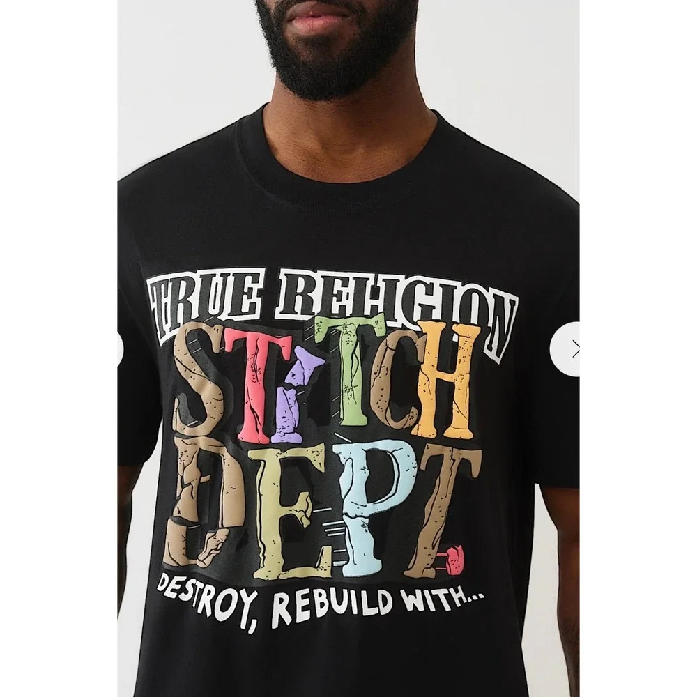 True Religion Mens Stitch Dept Graphic Tee Jet Black SS Build Destroy Rebuild L